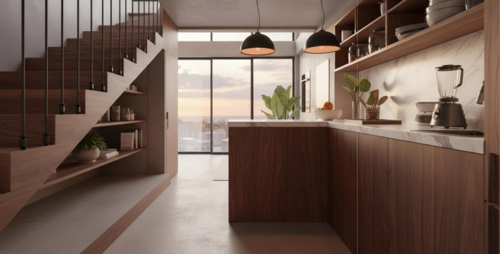 Cocina abierta con isla y escalera de madera