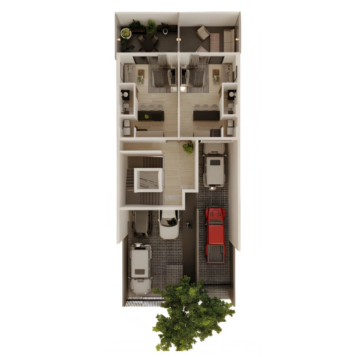Planta arquitectónica con cocheras, escaleras y recámaras